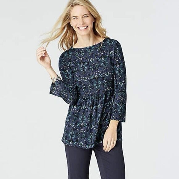 J.Jill Casual Top Ornate Floral Blue‎ Turquoise Boho 3/4 Sleeve Peplum Medium - Picture 2 of 13